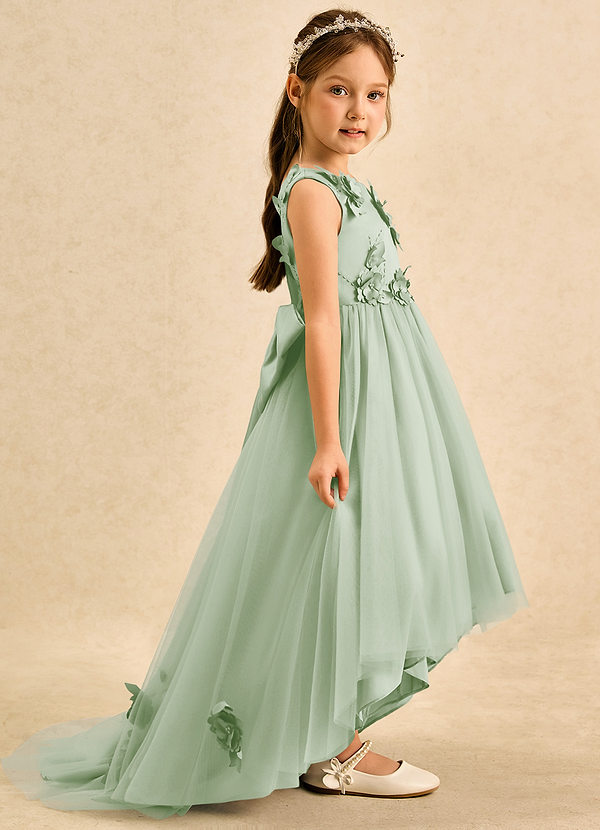 Azazie Filo Robes de Fillette d'Honneur Robe Princesse en Mat Satiné Arc Vert Sauge image1