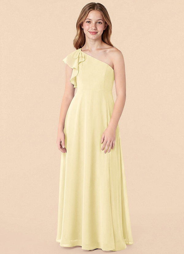 Azazie Arabella Junior Lemon Sorbet A-Line Ruched Chiffon Dress image1