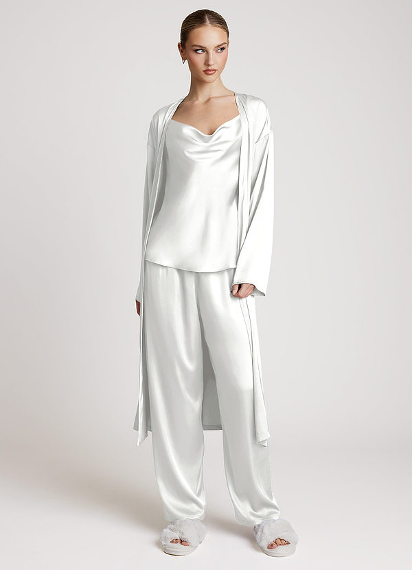 front Blanco Conjunto de tres piezas de ropa de estar por casa de satén con mangas largas