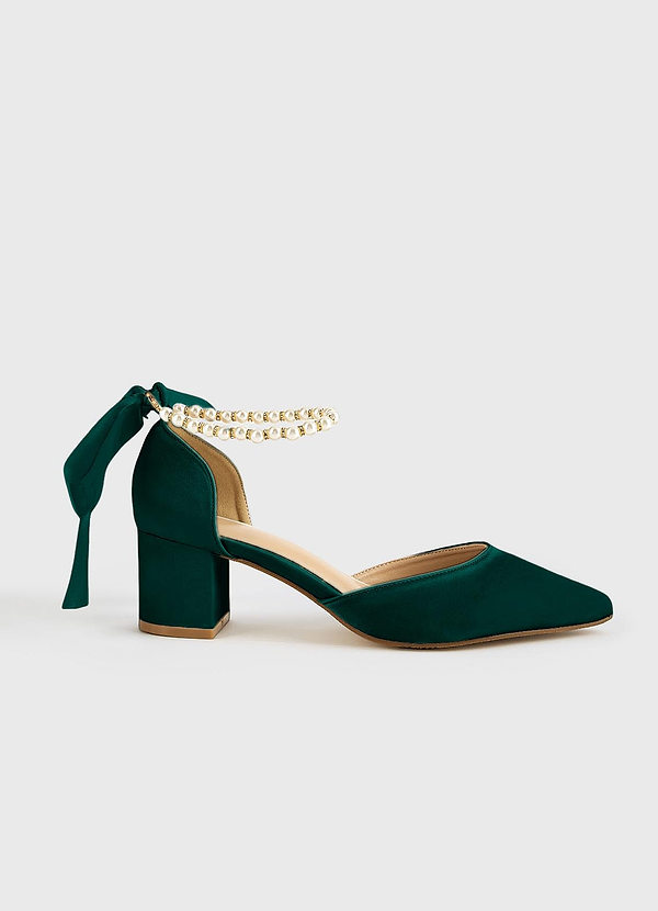 front Matching Color Matte Satin Pearl and Bow Pointed Toe Block Heels