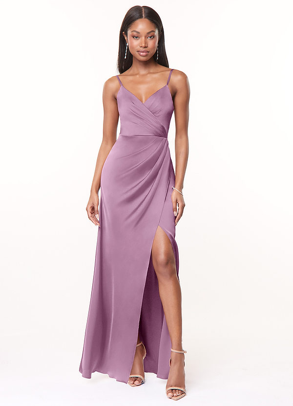 Azazie Maci Bridesmaid Dresses Wisteria A-Line V-Neck Pleated Stretch Satin Dress image1