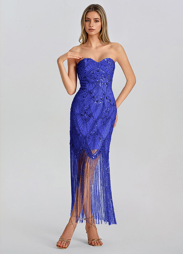 Lumiere Bleu Roi Robe longue moulante à sequins et franges image1