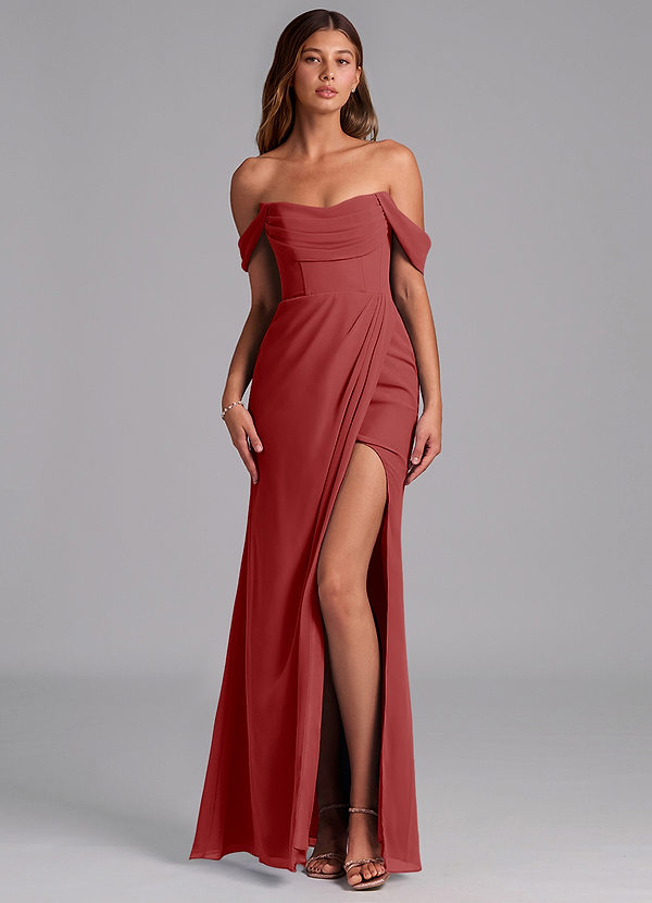 Azazie Johana Robes de demoiselle d'honneur Robe Sirène Convertible en Mousseline de soie Épaules dénudées Rouille image1