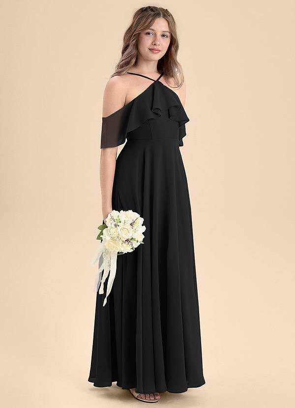 Azazie Tessabelle Junior Black A-Line Off the Shoulder Chiffon Dress image1