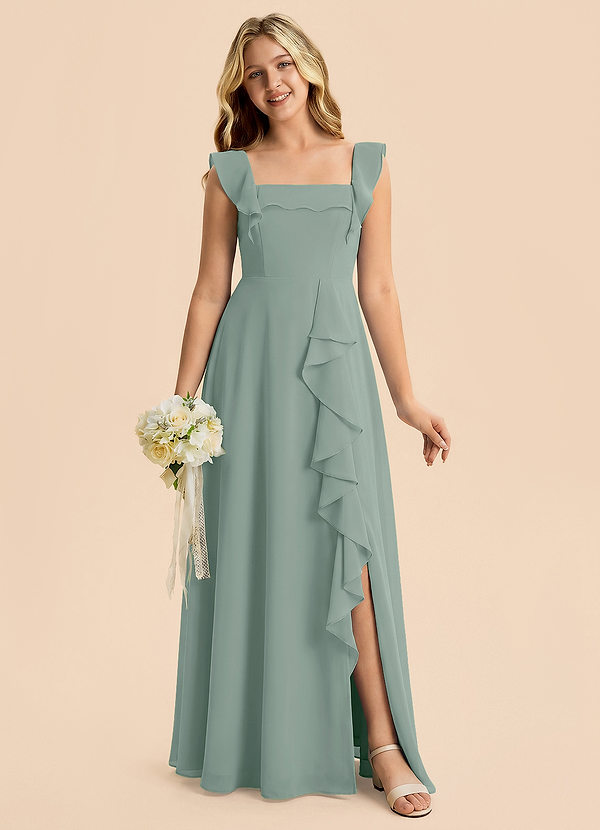 Azazie Nori Junior Silver Sage A-Line Ruched Chiffon Dress image1