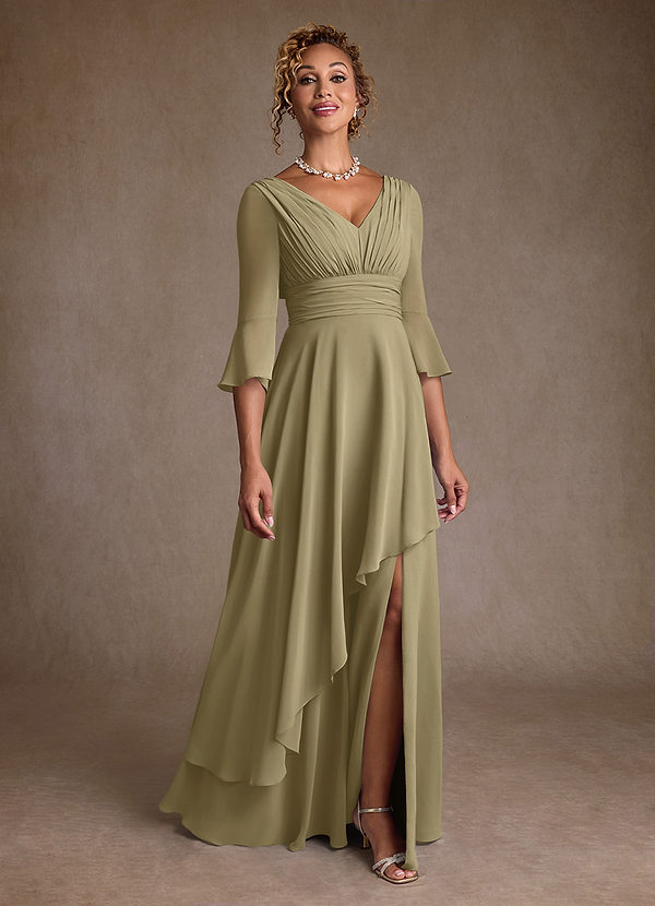 Azazie Eire Vestidos de Madre de la Novia Vestido de Musgo Verde de Gasa de Corte en A con Plisado image1