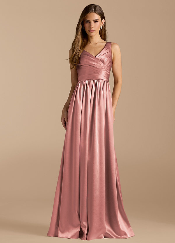 Azazie Keyla Bridesmaid Dresses Dusty Rose A-Line Pleated Metallic Satin Dress image1