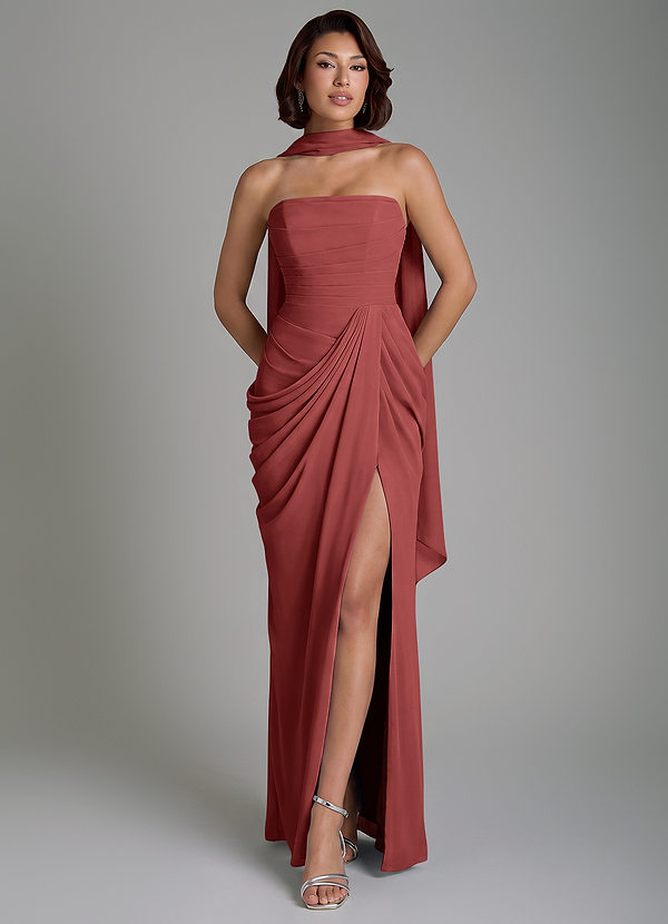 Azazie Nyra Vestidos de dama de honor Vestido Terracota de Gasa de Corte Recto con Corsé image1