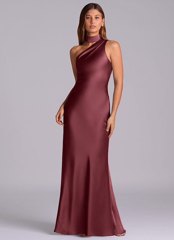 Azazie Seona Robes Demoiselle d'honneur Robe Sirène en Satin extensible Ue épaule Merlot image1