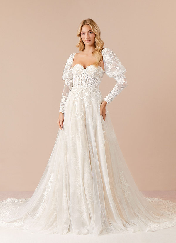 Azazie Dori Wedding Dresses Diamond White Champagne A-Line Lace Tulle Dress image1