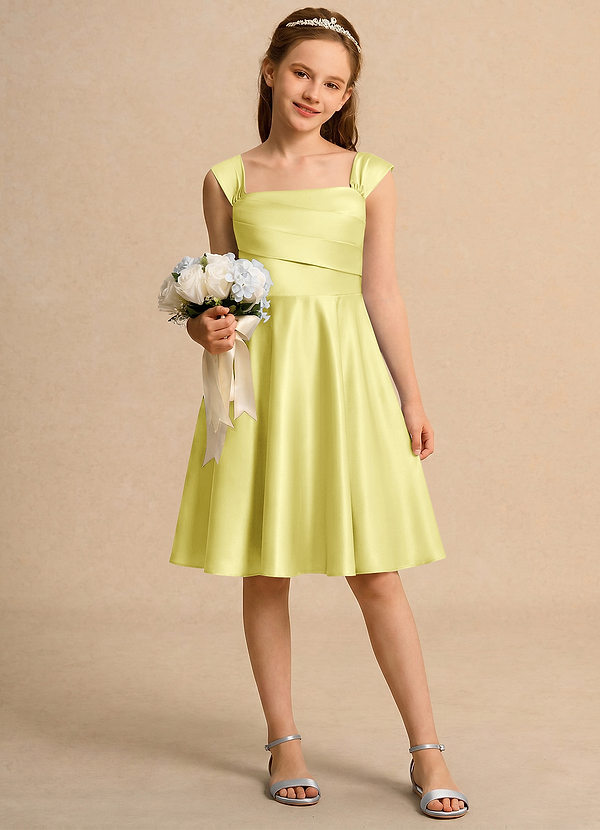 Azazie Budle Girls Formal Flower Girl Dresses Lemon Sorbet A-Line Pleated Matte Satin Dress image1