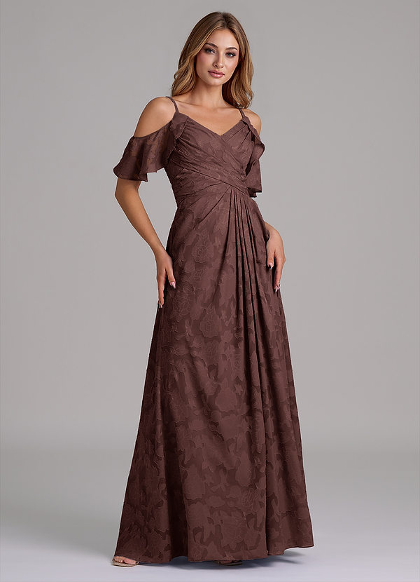 Azazie Dakota Bridesmaid Dresses Espresso A-Line Off the Shoulder Floral Burnout Dress image1
