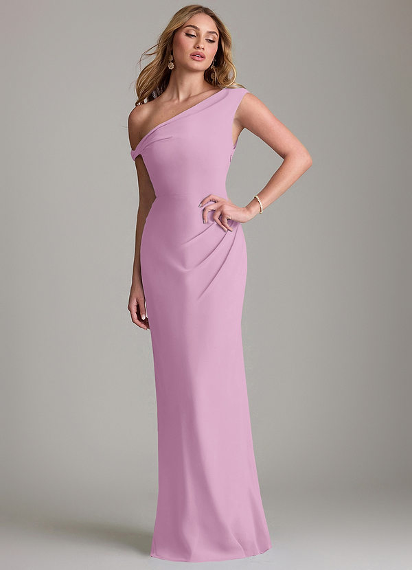 Azazie Emerson Bridesmaid Dresses Candy Pink Sheath Off the Shoulder Chiffon Dress image1