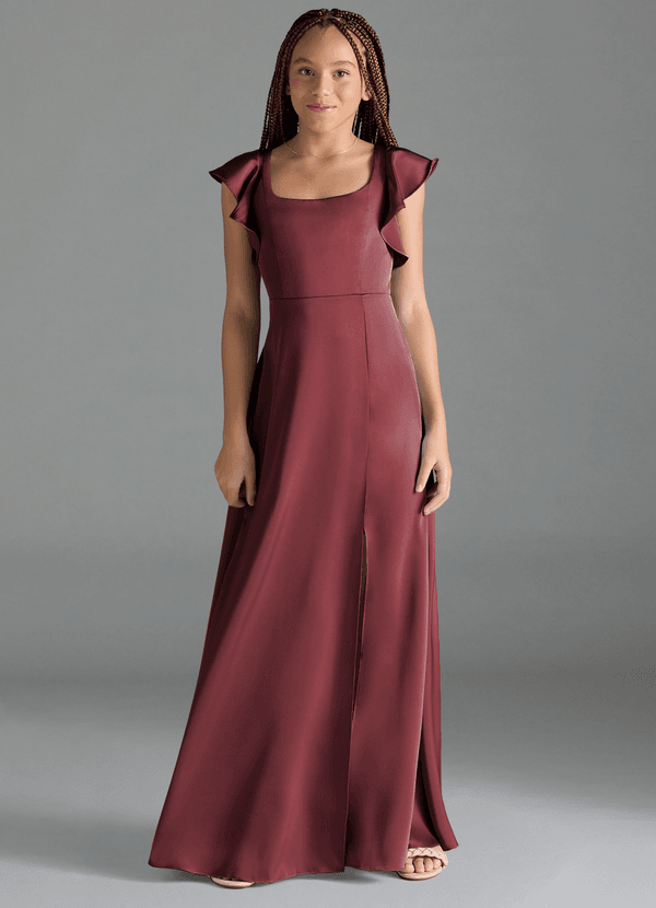 Azazie Bondi Junior Merlot A-Line Side Slit Stretch Satin Dress image1