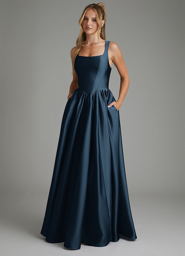 Azazie Nevaeh Bridesmaid Dresses Dark Navy A-Line Corset Stretch Satin Dress image1