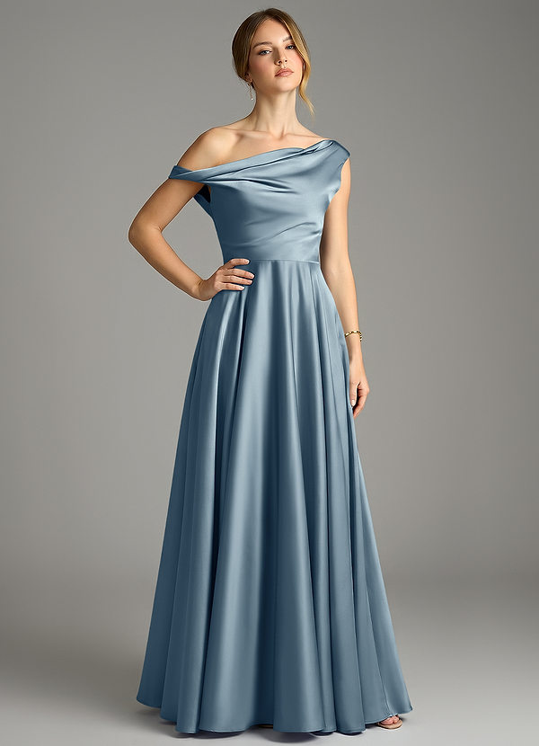 Azazie Xanthe Bridesmaid Dresses Dusty Blue A-Line Off the Shoulder Stretch Satin Dress image1
