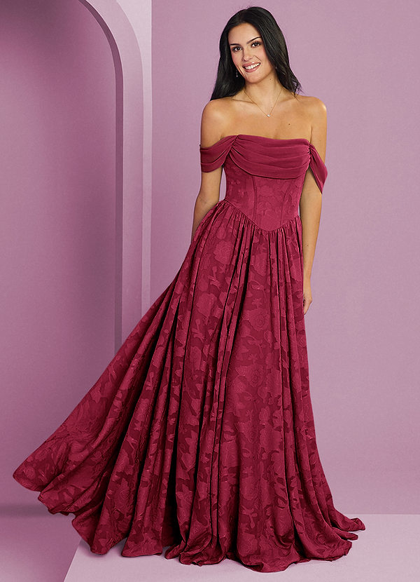 Barbie ♥ Azazie Bridesmaid Dresses Burgundy A-Line Off the Shoulder Floral Burnout Convertible Dress image1