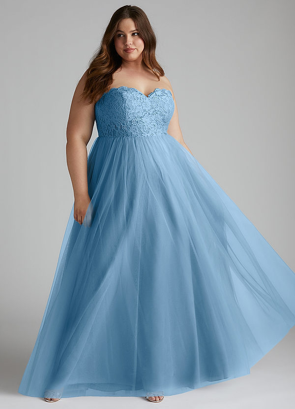 Azazie Roni Brautjungfernkleider Wandelbar A-Linie Herzausschnitt Tüll Kleid Stahlblau image1