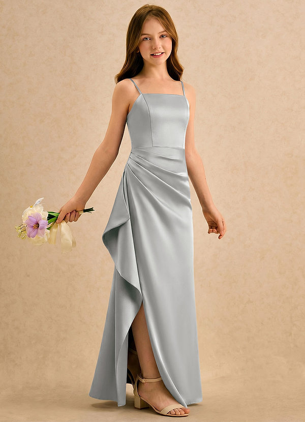 Azazie Cannoli Girls Formal Sukienki dla dziewczynek sypiących kwiaty Linia A Pofałdowany Satyna elastyczna Długość podłogi Sukienka image1