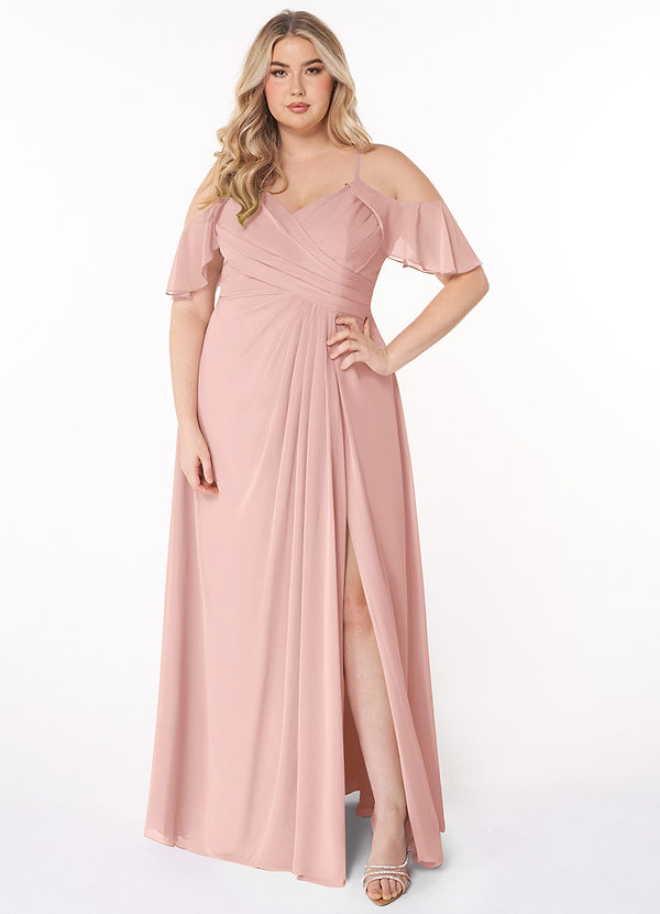 Azazie Dakota Robes de demoiselle d'honneur Robe Trapèze en Mousseline de soie Col V plissé Rose Poudré image1
