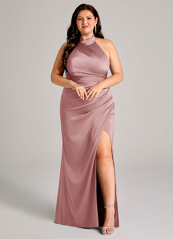 Azazie Jemma Vestidos Dama de Honor Vestido de Rosa Polvorienta de Satén Elástico de Corte Recto con Plisado image1