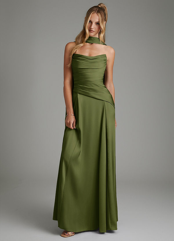 Azazie Gabriela Bridesmaid Dresses Olive A-Line Corset Stretch Satin Dress image1