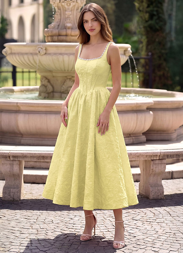 Sephone Yellow Beading Rhinestone Jacquard Maxi Dress image1
