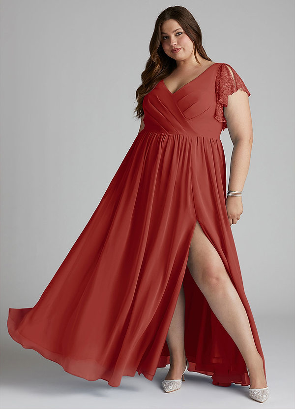 Azazie Zella Robes Demoiselle d'honneur Robe Trapèze en Mousseline de soie Dentelle Terracotta image1