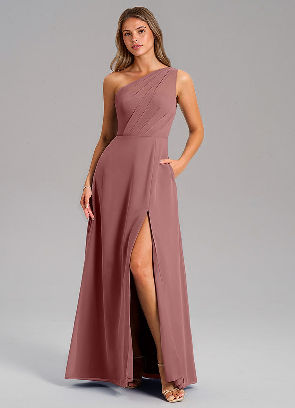 Azazie Phaedra Bridesmaid Dresses Vestido Rosa Do Deserto de Chiffon de Linha A com Um ombro image1