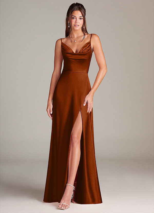 Azazie Sarella Bridesmaid Dresses Auburn A-Line with Pockets Metallic Satin Dress image1