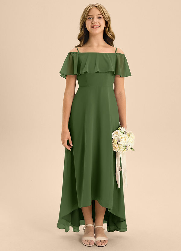 Azazie Maggie Junior A-Linie Schulterfrei Chiffon Kleid Olivgrün image1