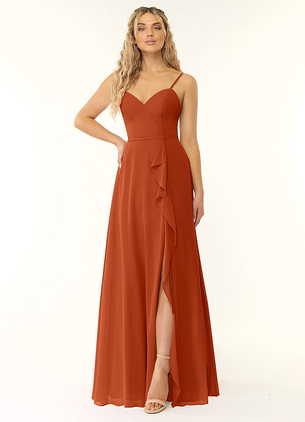 Azazie Naeem Bridesmaid Dresses Burnt Orange A-Line V-Neck Ruffle Chiffon Dress image1