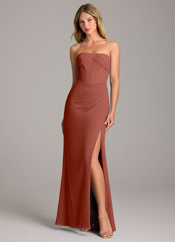 Azazie Chantel Bruidsmeisjes Jurken Converteerbaar Jurk van Chiffon met Kolom Strapless Kastanjebruin image1