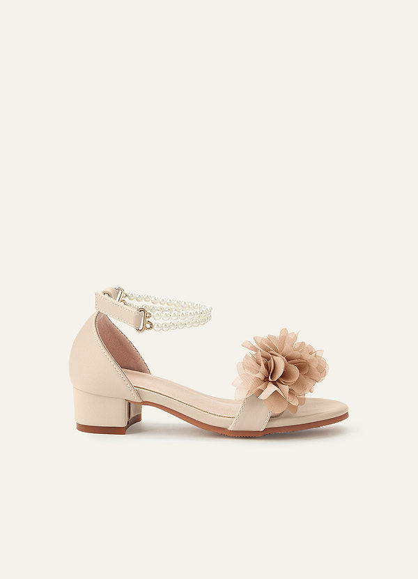 front 3D Chiffon Floral Pearl Ankle Strap Open Toe Flower Girl's Block Heels for Little & Big Kids