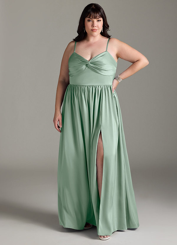 Azazie Zeya Bridesmaid Dresses Agave A-Line Pleated Stretch Satin Dress image1