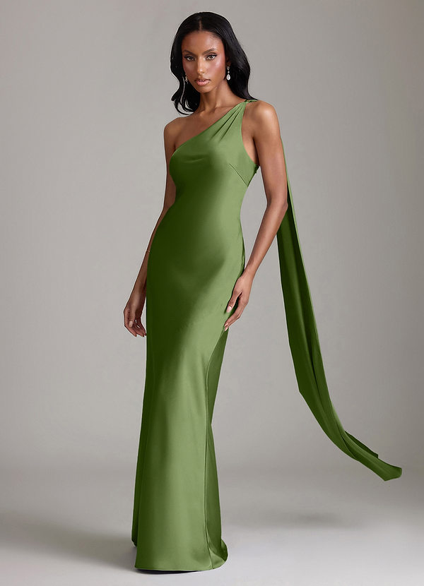 Azazie Galinda Brudtärneklänningar Klä av Sjöjungfru i Stretch Satin Ena axeln Enbärsgrön image1