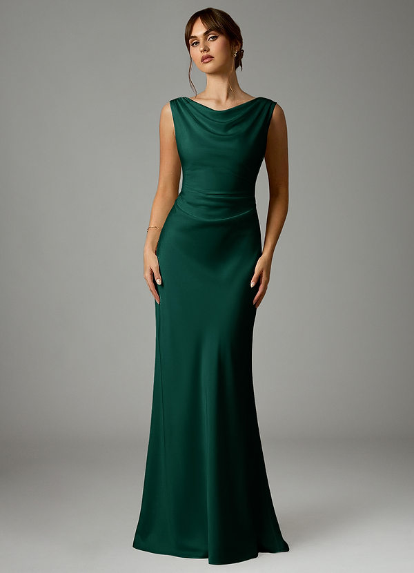 Azazie Kieryn Robes Demoiselle d'honneur Robe Sirène en Satin extensible Plissée émeraude image1