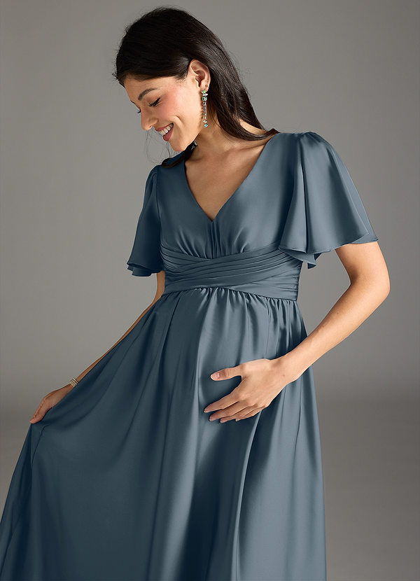 Azazie Verna Vestidos de dama de honor de maternidad Vestido de Corte En A Volante Hasta el suelo Satén Elástico image1