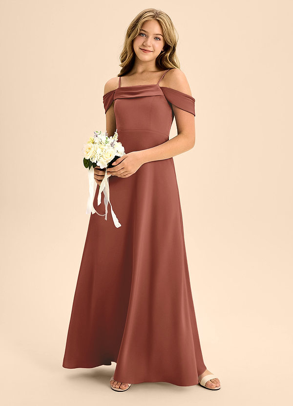 Azazie Anselie Junior Vestido de Castaño de Satén Elástico de Corte En A con Vestidos sin tirantes image1