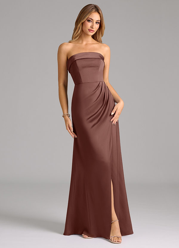 Azazie Aretha Brautjungfernkleider Wandelbar A-Linie Schulterfrei Stretch-Satin Kleid Espresso image1