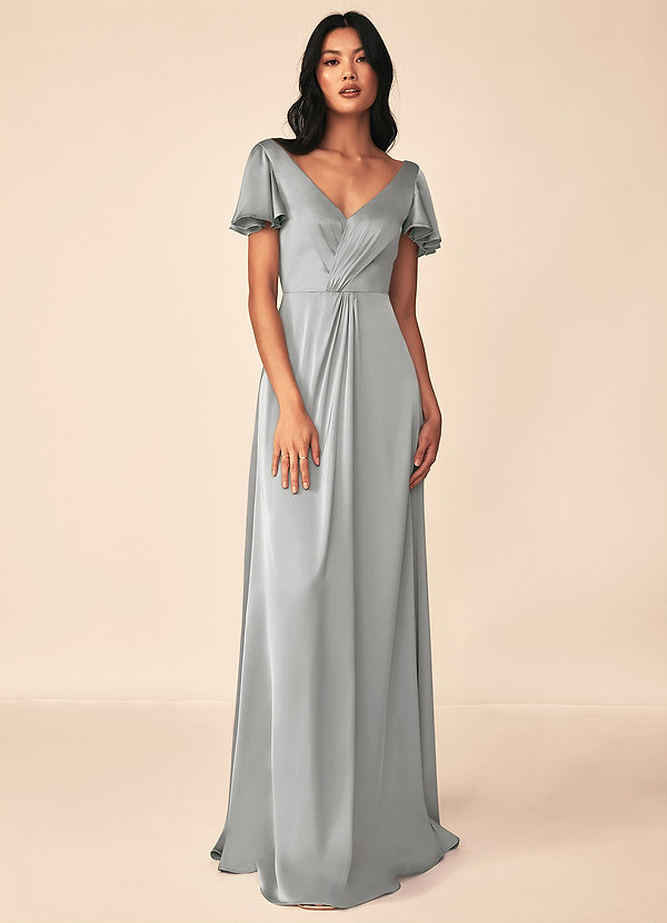 Azazie Soren Bridesmaid Dresses Silver A-Line Pleated Stretch Satin Dress image1