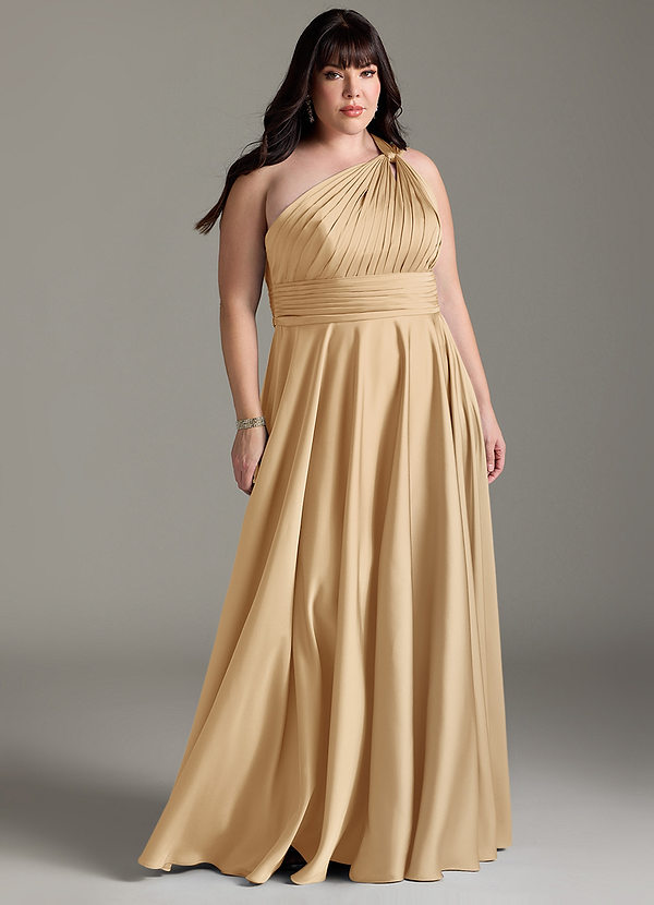 Azazie Charlize Bridesmaid Dresses Gold A-Line One Shoulder Stretch Satin Dress image1