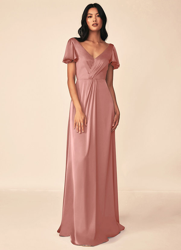 Azazie Soren Bridesmaid Dresses Rosette A-Line Pleated Stretch Satin Dress image1