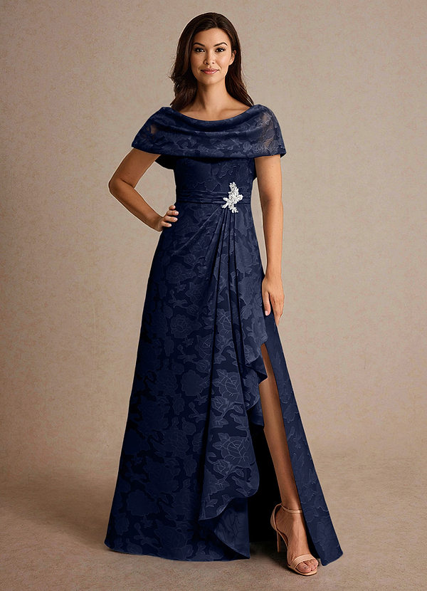 Azazie Branford Vestidos de Madre de la Novia Vestido de Azul Marino Oscuro de Devorado Floral de Corte En A con Plisado image1
