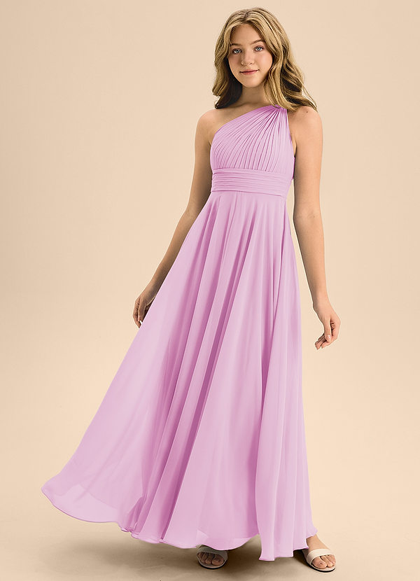 Azazie Charlize Junior Vestido de Rosa Caramelo de Gasa de Corte En A con Plisado image1