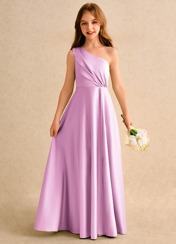 Azazie Puddles Girls Formal Bloemenmeisjes Jurken A-Lijn Jurk van Mat Satijn One-Shoulder Snoep Roze image1