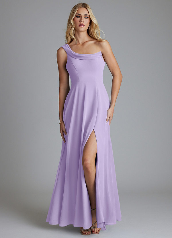 Azazie Naiyah 신부 들러리 드레스 A라인 한쪽 어깨 쉬폰 바닥 길이 드레스 image1