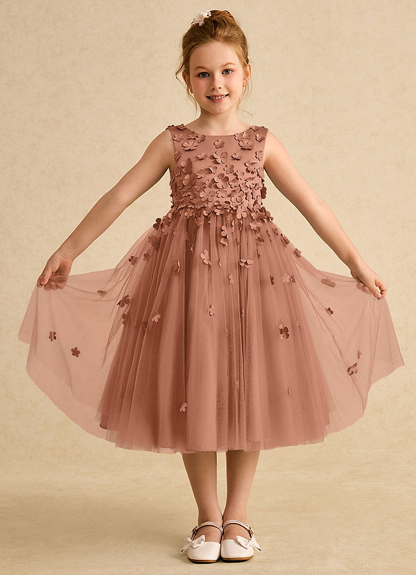 Azazie Lana Blumenkinder Kleider A-Linie ärmellos Matte Satin Kleid Bronzer image1