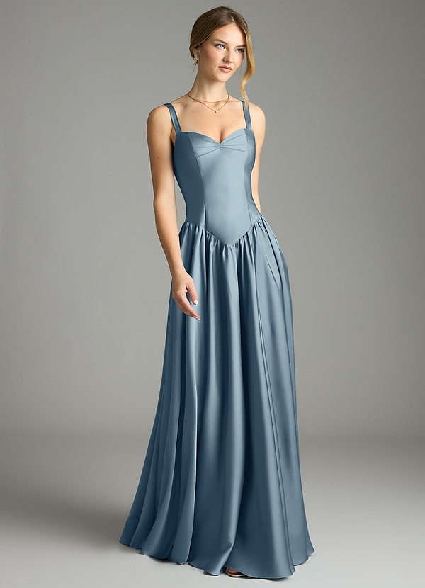 Azazie Evadina Vestidos Dama de Honor Vestido de Azul Polvoriento de Satén Elástico de Corte en A con Corsé image1