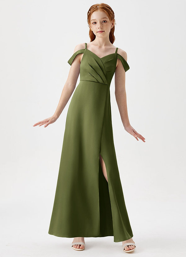 Azazie Ocean Junior Olive A-Line Off the Shoulder Stretch Satin Dress image1